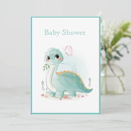 恐竜の緑の水彩赤ちゃんシャワー 招待状 (スタンド正面)