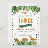 恐竜の緑の金ゴールド第3誕生日 招待状 (正面)