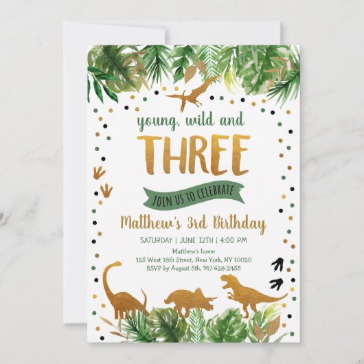 恐竜の緑の金ゴールド第3誕生日 招待状 (正面)