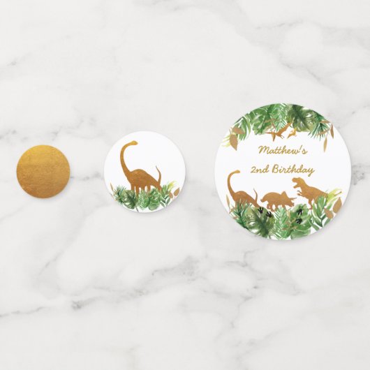 恐竜の緑及び金ゴールドのサファリの誕生日 コンフェッティ (裏面)