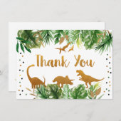 恐竜の緑及び金ゴールドの誕生日は感謝していしています サンキューカード (正面/裏面)