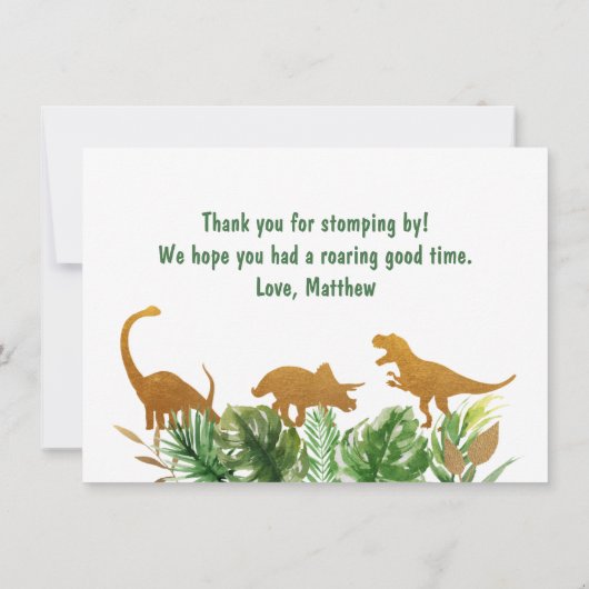 恐竜の緑及び金ゴールドの誕生日は感謝していしています サンキューカード (裏面)