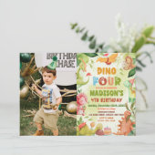 恐竜の緑Dino 4 4歳の誕生日の写真 招待状 (スタンド正面)