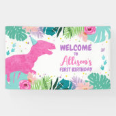 恐竜の背景Tレックスピンクディノガール誕生日 横断幕 (横)