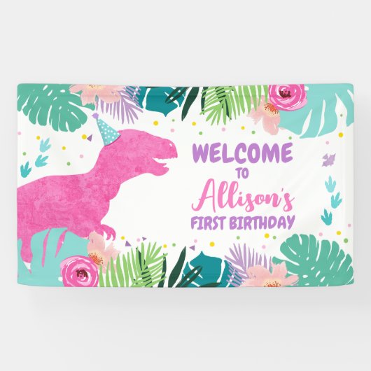 恐竜の背景Tレックスピンクディノガール誕生日 横断幕 (横)