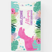 恐竜の背景Tレックスピンクディノガール誕生日 横断幕 (縦)