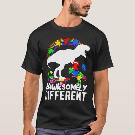 恐竜の自閉症意識パズルが著しく異なる Tシャツ (正面)