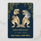 恐竜の花嫁と花婿の結婚式 ゴールドのSave the Date 箔招待状 (正面)
