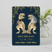 恐竜の花嫁と花婿の結婚式 ゴールドのSave the Date 箔招待状 (立ち正面)