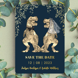 恐竜の花嫁と花婿の結婚式 ゴールドのSave the Date 箔招待状