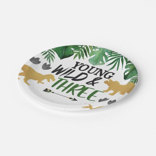 恐竜の若いワイルドスリーバースデーパーティープレート ペーパープレート (アングル)
