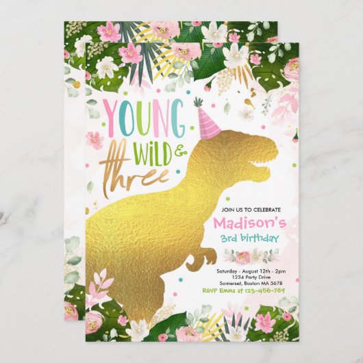 恐竜の若い野生で自由な恐竜の誕生日 招待状 (正面/裏面)