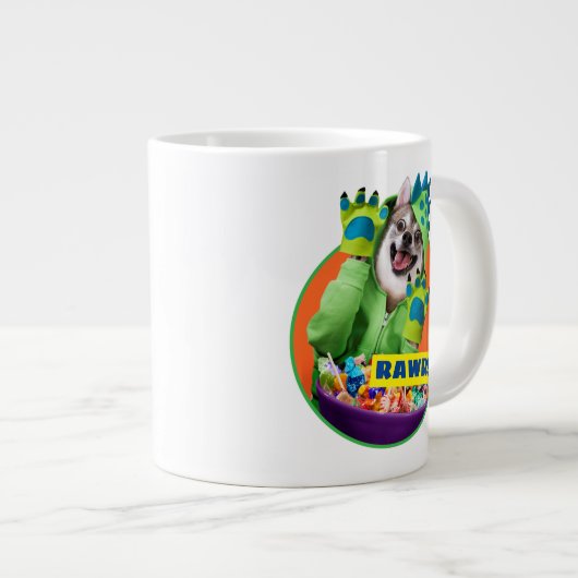 恐竜の衣装を着た犬 ジャンボコーヒーマグカップ (正面右)