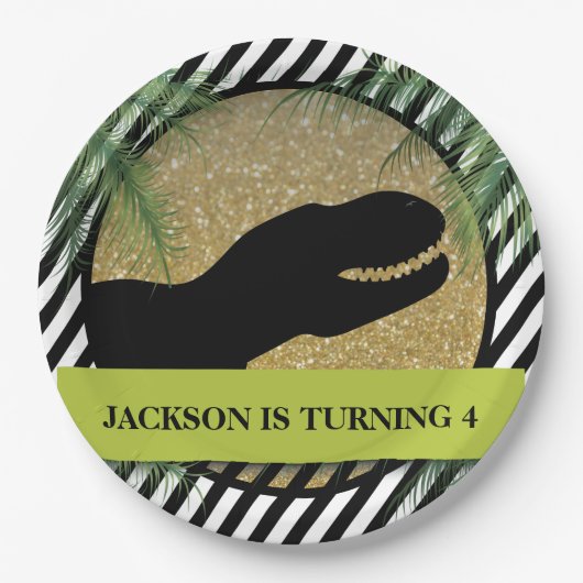 恐竜の誕生会ストライプの ペーパープレート (正面)