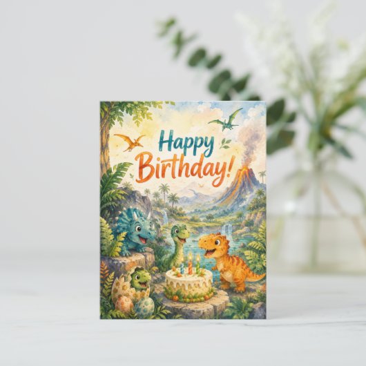 恐竜の誕生日おめでとう！古代の冒険  ポストカード (スタンド正面)
