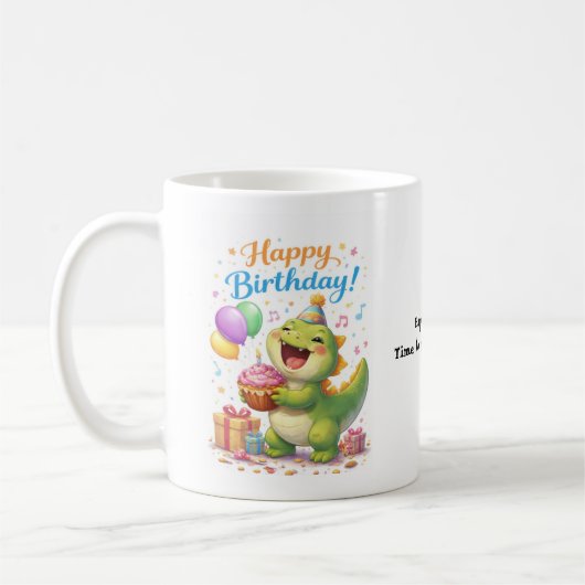 恐竜の誕生日おもしろマグカップ – “恐竜のようにパーティーを楽しもう  コーヒーマグカップ (左)