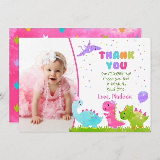 恐竜の誕生日お礼カード（女の子用） 招待状 (正面/裏面)