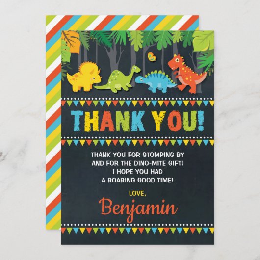 恐竜の誕生日のサンキューカードのとどろきのパーティーのチョーク 招待状 (正面/裏面)