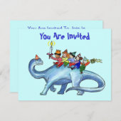恐竜の誕生日のパーティの招待状に乗っている子供 招待状 (正面/裏面)