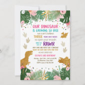 恐竜の誕生日の女の子の金ゴールドのピンクの葉のパーティーディーノ 招待状 (正面)