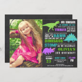 恐竜の誕生日の女の子の黒板写真 招待状 (正面/裏面)