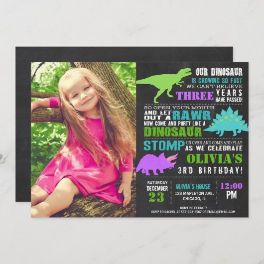 恐竜の誕生日の女の子の黒板写真 招待状 (正面/裏面)