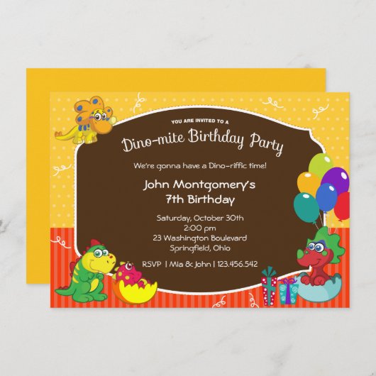 恐竜の誕生日の強打の衣裳のパーティー 招待状 (正面/裏面)