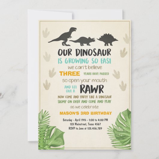 恐竜の誕生日の招待の恐竜のパーティーの招待 招待状 (正面)
