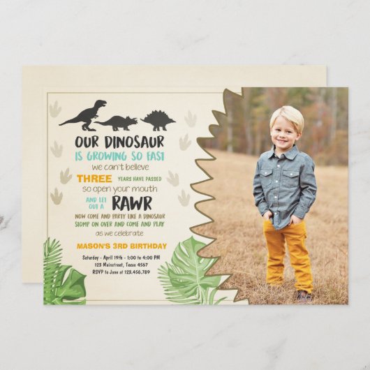 恐竜の誕生日の招待恐竜のパーティー招待状 招待状 (正面/裏面)