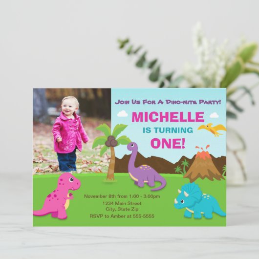 恐竜の誕生日の招待状の女の子、第1誕生日 招待状 (スタンド正面)