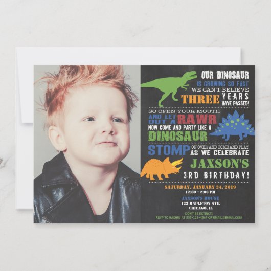 恐竜の誕生日の招待状の男の子の写真の招待 招待状 (正面)
