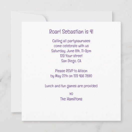 恐竜の誕生日の招待状、パートナー用 招待状 (裏面)