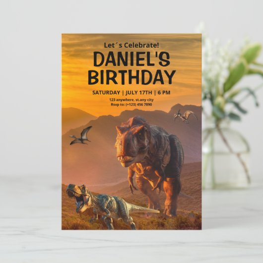 恐竜の誕生日の招待状、Tレックス子供の誕生日 (スタンド正面)