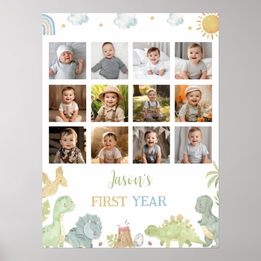 恐竜の誕生日の最初の年の写真マイルストーンのサイン ポスター (正面)