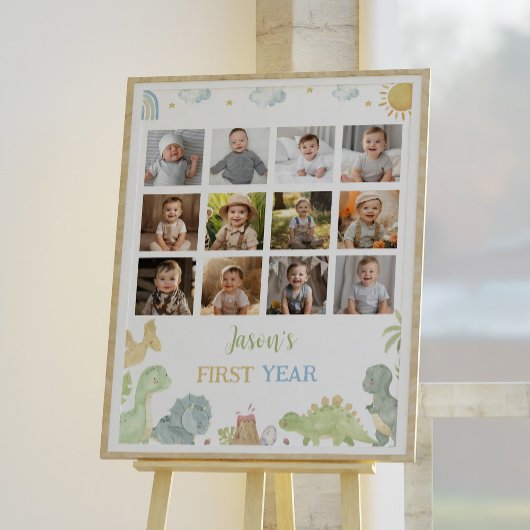 恐竜の誕生日の最初の年の写真マイルストーンのサイン ポスター