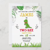 恐竜の誕生日の水色の緑色の黄色の赤 招待状 (正面)