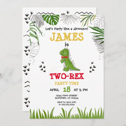 恐竜の誕生日の水色の緑色の黄色の赤 招待状 (正面/裏面)