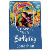 恐竜の誕生日カラフルブルー ミディアムペーパーバッグ (正面)