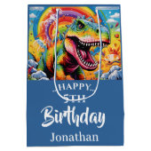 恐竜の誕生日カラフルブルー ミディアムペーパーバッグ (裏面)