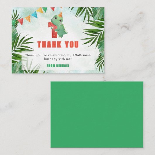 恐竜の誕生日サンキューカード – 最初の誕生日 エンクロージャーカード (正面/裏面)