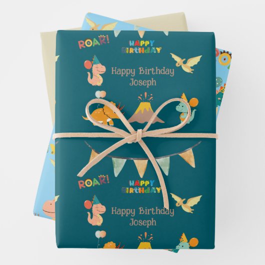 恐竜の誕生日テーマ-名前をカスタムする&写真 ラッピングペーパーシート (インサイチュ)