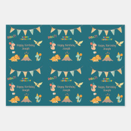 恐竜の誕生日テーマ-名前をカスタムする&写真 ラッピングペーパーシート