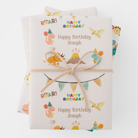 恐竜の誕生日テーマ-名前をカスタムする&写真 ラッピングペーパーシート (インサイチュ)