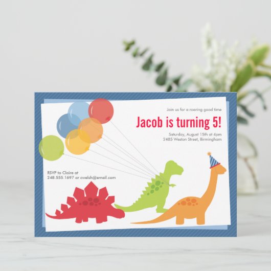 恐竜の誕生日バルーン青い赤のパーティー 招待状 (スタンド正面)