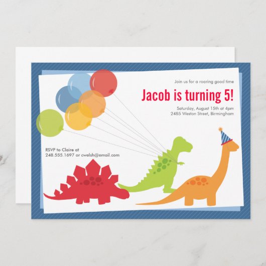 恐竜の誕生日バルーン青い赤のパーティー 招待状 (正面/裏面)