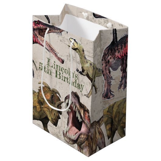 恐竜の誕生日パーソナライズされたパーティーTレックス ミディアムペーパーバッグ (正面アングル)