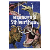 恐竜の誕生日パーソナライズされたパーティーTレックス ミディアムペーパーバッグ (裏面)