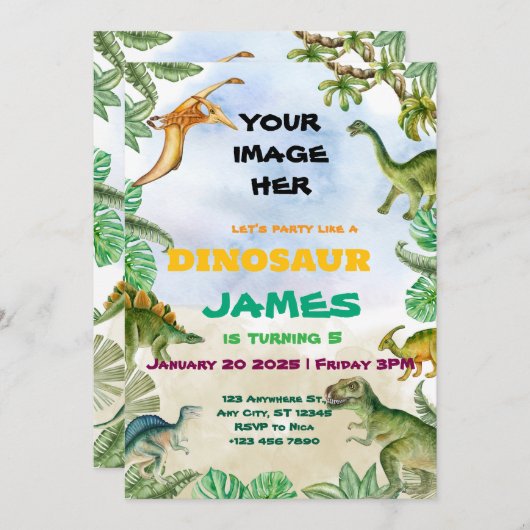 恐竜の誕生日パーティカスタマイズ可能招待状 招待状 (正面/裏面)