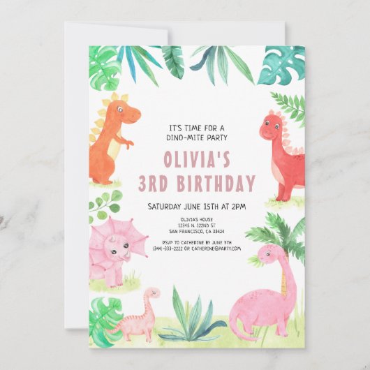 恐竜の誕生日パーティキッズピンクガールディノ 招待状 (正面)
