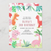 恐竜の誕生日パーティキッズピンクガールディノ 招待状 (正面/裏面)